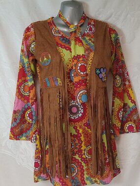 Halloween Free Spirit Hippie Costume Dress Belt Boot Covers Headband L Paisley